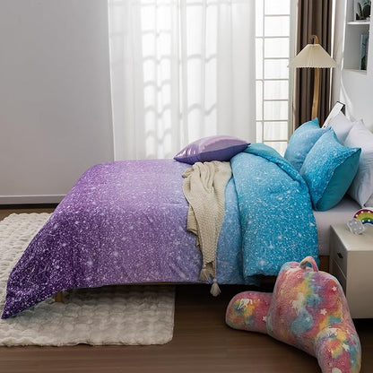 Holawakaka Kids Space Star Glitter Comforter Set Queen Size Girls Ombre Blue & Purple Print Gradient Teens Bedding Set Teens Galaxy Bed Sets (Blue Purple, Queen)