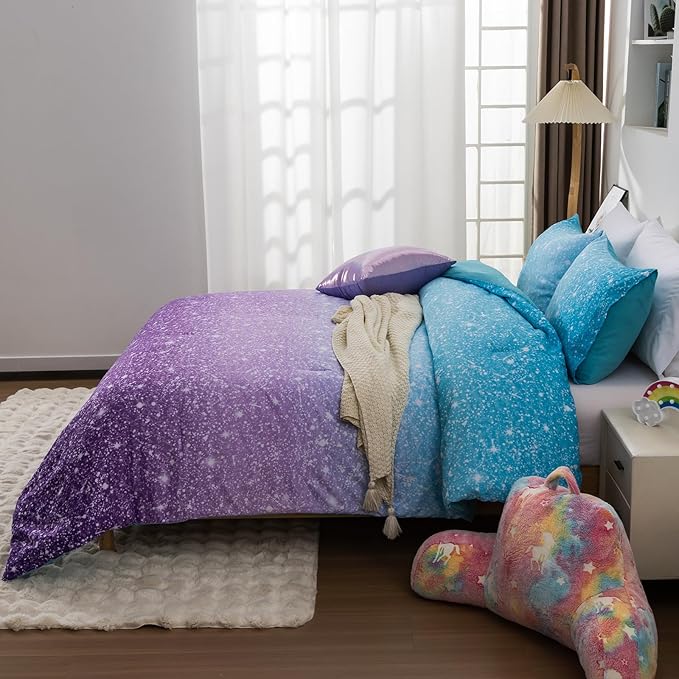 Holawakaka Kids Space Star Glitter Comforter Set Ombre Blue & Purple Print Bedding Set Twin/Twin XL Size Girls Boys Dorm Gradient Galaxy Bed Sets (Blue Purple, Twin)