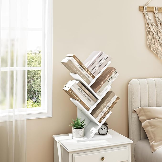 Hoctieon 4 Tier Tree Bookshelf, Small Bookcase, Free Standing Tree Bookcase, Bookshelf for Bedroom, Book Shelf Organizer, Small Bookshelf, White