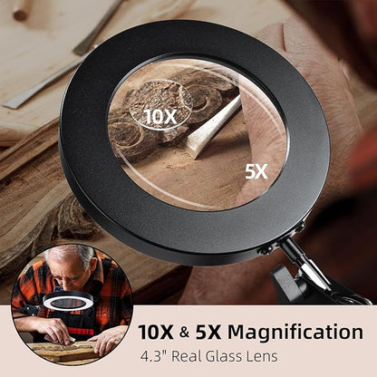 Magnifying Glass with Light and Stand, 3-in-1 Gooseneck Arms 3 Color Modes Stepless Dimmable, 10x&5X LED Desktop Magnifier with light Hands Free for Workbench Reading Crafts Painting Hobby Close Work