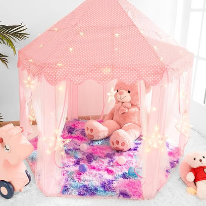 junovo Ultra Soft Hexagon Rug Fluffy Rainbow Nursery Rug for Princess Tent Kids Play Castle, Furry Hexagonal Carpet for Kids Girls Room Playhouse Classroom Dorm Home Decor, 4.6ft Tie-Dye Hot-Pink