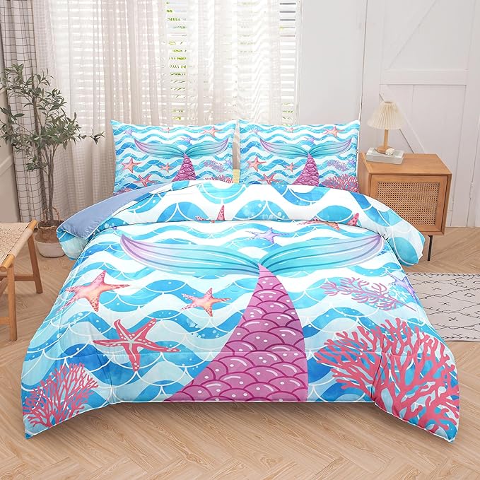 NINENINE Mermaid Tail Bedding Sets for Teens Girls, Princess Comforter Set, Blue Glitter Bedding Sets for Teens Girls,Sea Animal Kids Fish Scales Comforter Sets with 1 Comforter 2Pillowcases
