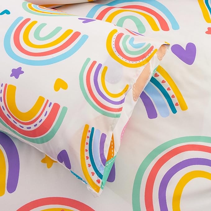 Btargot 3 Piece Kids Rainbow Comforter Set with 2 Pillow Covers, Cartoon Love Hearts Suns and Stars Bedding Set for Girls Boys Kids, Queen Beige