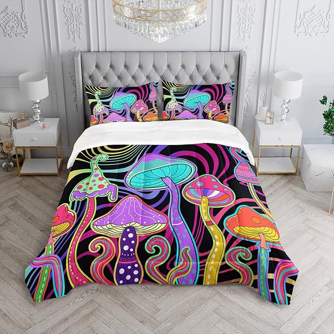 Colorful Mushroom Comforter Set Full Size Kids 3D Mushroom Bedding Set Cute Hippy Theme Quilt Bed Set for Boys Girls Adults with 1 Comforter and 2 Pillowcases