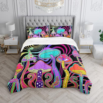 Colorful Mushroom Comforter Set Twin Size Kids 3D Mushroom Bedding Set Cute Hippy Theme Quilt Bed Set for Boys Girls Adults with 1 Comforter and 2 Pillowcases