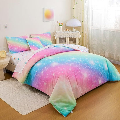 6 Pcs Bed in A Bag Glitter Galaxy Comforter Set Twin Size, Ombre Pink Rainbow Bedding Sets with Sheets for Girls