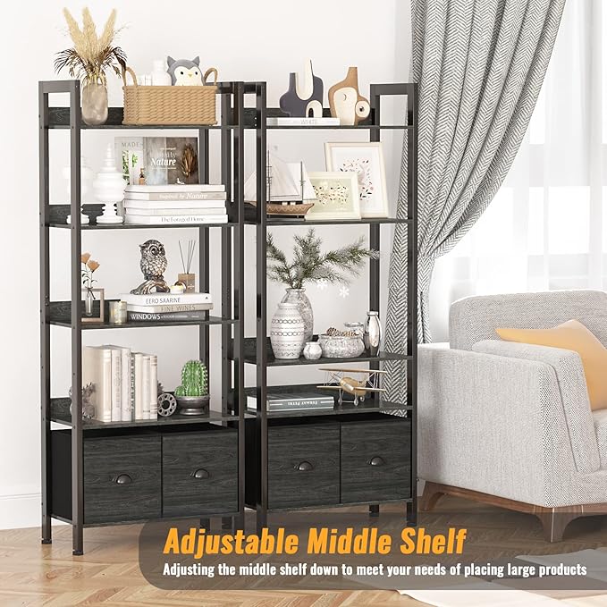 Furologee 5-Tier Bookshelf, Tall Bookcase with 2 Storage Drawers, Industrial Display Standing Shelf Units, Wood and Metal Storage Shelf for Living Room, Bedroom, Home Office, Black Oak