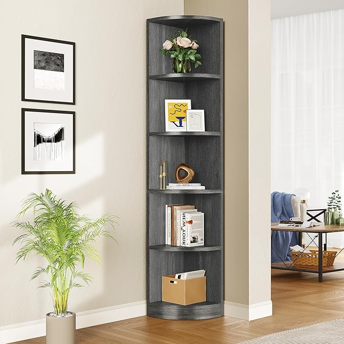 YITAHOME 70.8" Corner Shelf, 5 Tier Corner Bookshelf and bookcase, Modern Open Free Standing Shelving Unit Wooden Display Rack Storage Shelves for Bedroom, Living Room, Home Office, Charcoal Gray