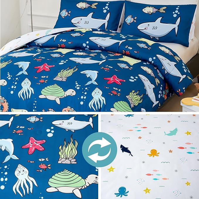 WINLIFE Shark Comforter Set Queen Size for Boys Teen Ocean Themed Fish Turtles Printed Bedding Set, Soft Microfiber Bedding All Season (3Pcs, Queen)