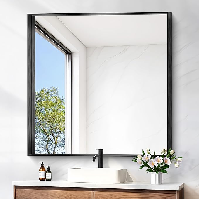 Black Bathroom Mirror, 42x42 Inch Rectangular Framed Mirror, Large Wall Mounted Bathroom Vanity Mirror Over Sink for Bedroom,Restroom, Living Room, Hangs Vertically or Horizontally