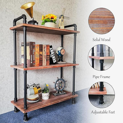 3 Tier Industrial Pipe Bookcase, Rustic Farmhouse Bookshelf with Solid Wood for Living Room, Kitchen, Office