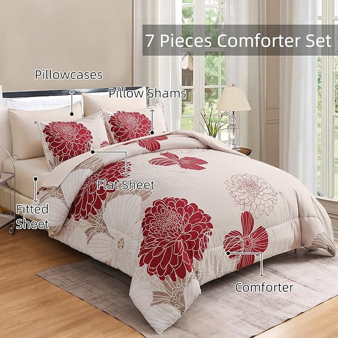 Yiran 7 Pieces Queen Comforter Set Red Floral Bed in a Bag Soft Microfiber Bedding Set 90"×90"(1 Comforter 1 Flat Sheet 1 Fitted Sheet 2 Pillowshams 2 Pillowcases)