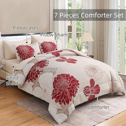 Yiran 7 Pieces Queen Comforter Set Red Floral Bed in a Bag Soft Microfiber Bedding Set 90"×90"(1 Comforter 1 Flat Sheet 1 Fitted Sheet 2 Pillowshams 2 Pillowcases)