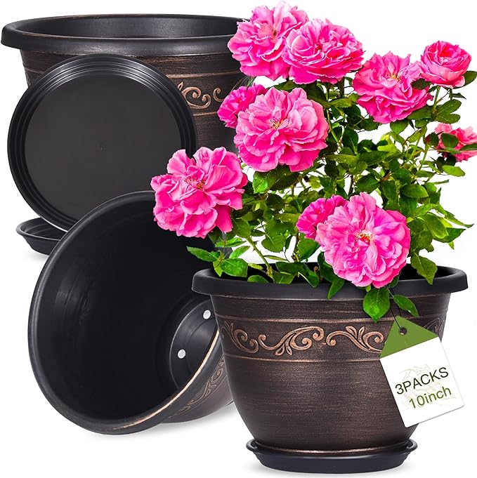 Plastic-Plant-Flower-Planters-10 Inch with Drainage Hole & Saucer, 3 Packs Lightweight Small Resin Flower Pot Indoor Outdoor, Retro Antique Imitation Decorative Garden Containers Sets for Houseplants