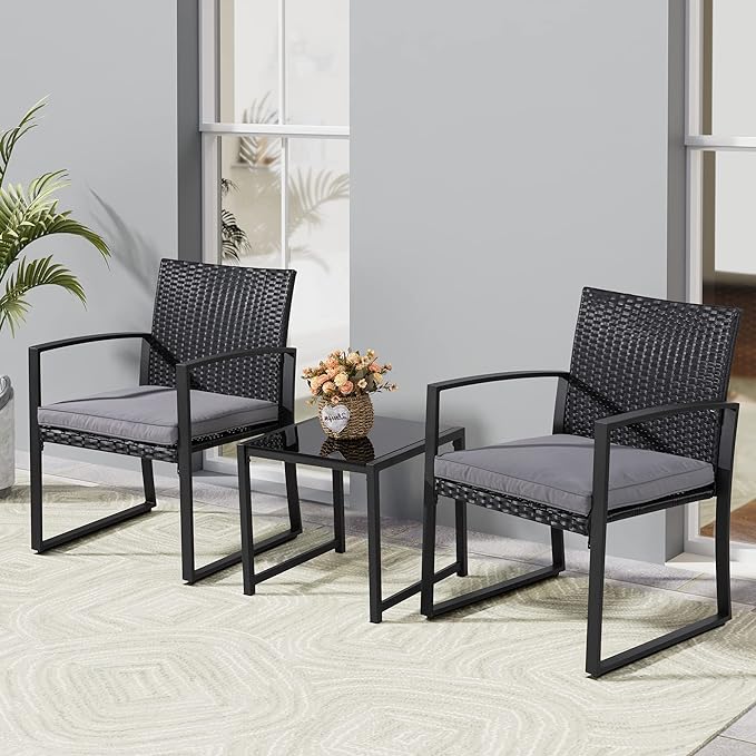 Shintenchi 3 Pieces Outdoor Patio Furniture Set, Modern Wicker Bistro Set, Conversation Rattan Chair of 2 with Coffee Table for Yard Porch Poolside Lawn(Grey Cushion)