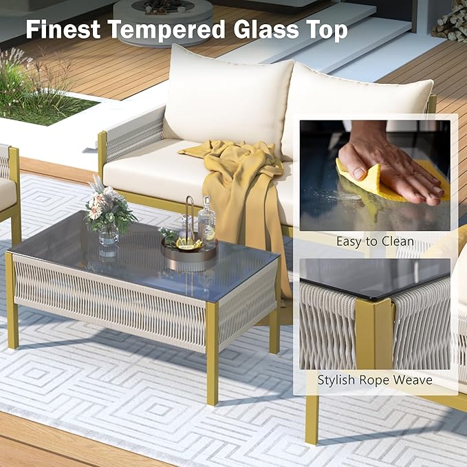 4-Piece Patio Conversation Furniture Set, Rope Weave Outdoor Loveseat Sofa with 2 Armchairs, Thick Cushion&Tempered Glass Table, for Garden Backyard, Onesize, Beige+Mustard Yellow