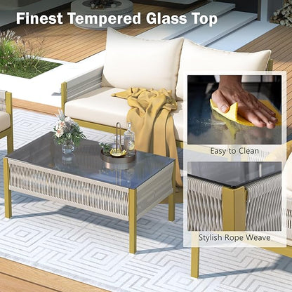 4 Piece Patio Furniture Set, Outdoor FSC Certified Acacia Wood Conversation Set, All-Weather Rope Sofa Set w/Tempered Glass Table, Loveseat for Lawn Balcony Poolside, Backyard, Backyard