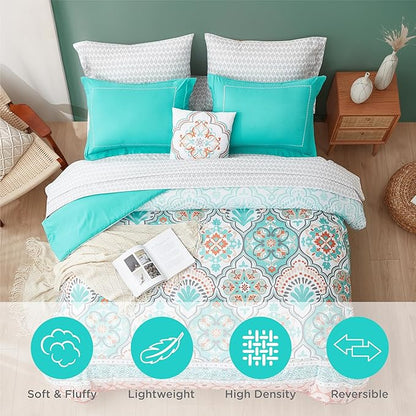 Degrees of Comfort Twin Bed in A Bag 6 Piece, Lattice Boho Bedding Sets for Teen Girls, Aqua Floral Bed Set, Microfiber Colorful Comforter Set with Sheets, Matching Decorative Pillow