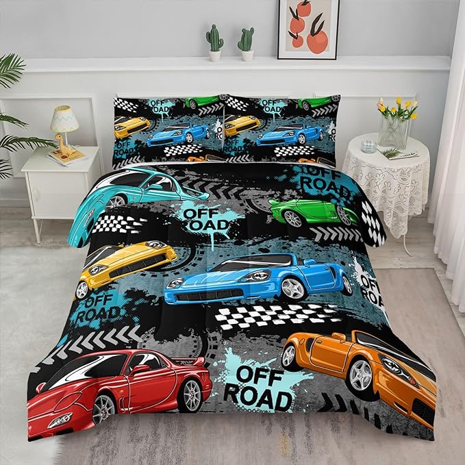 Axolotl Car Comforter Set Twin Size,Cool Speed Race Car Comforter for Kids Boys Girls Teens Bedroom,Extreme Sport Quilt Duvet 1 Comforter 2 Pillowcase Car Racing Gifts,Blue Red Orange