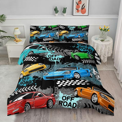 Axolotl Car Comforter Set Twin Size,Cool Speed Race Car Comforter for Kids Boys Girls Teens Bedroom,Extreme Sport Quilt Duvet 1 Comforter 2 Pillowcase Car Racing Gifts,Blue Red Orange