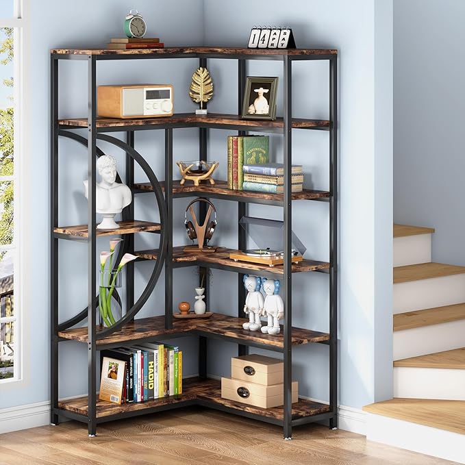 TIYASE 6-Shelf Corner Bookshelf Industrial 6-Tier Corner Etagere Bookcase, Large Corner Shelf L-Shaped Book Shelves Display Storage Rack with Metal Frame for Living Room Home Office, Rustic Brown