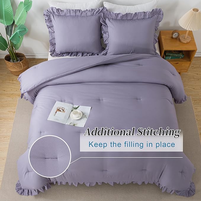 Andency Greyish Lavender Purple Full Size Comforter Set, 3 Pieces(1 Ruffle Comforter and 2 Pillowcases) Lightweight Fluffy Bedding Comforter Sets Full Bed, All Season Soft Microfiber Bedding Set
