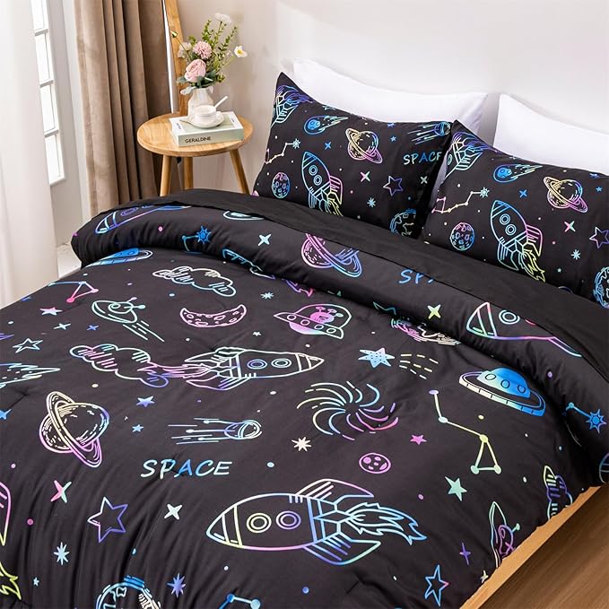 Aimuan Space Comforter Twin Set Kids Rocket Bedding Set Super Soft & Cute Aliens UFO Printed for Boys Girls Teen (Black, Full 5Pcs)