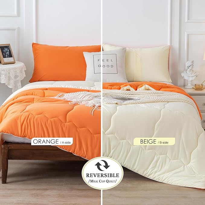 COTTEBED Reversible Ultra-Soft Bright Orange and Beige Comforter Set Queen, Jersey Knit T-Shirt Feel Bedding Blanket Down Conforters Sets & Pillowsham for Men Women All Season Use, Full/Queen Size Bed
