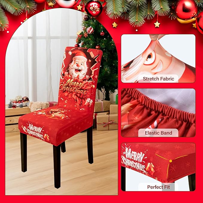 4PCS Christmas Dining Chair Covers Stretch Removable Washable Dining Room Chair Protector Slipcover 3D Print Santa Claus Deer Kitchen Chair Cover Slipcovers Protector for Xmas Holiday Party Home Décor