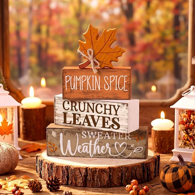 Moucuny 4 Pcs Fall Decor Wooden Maple Leaf Decoration Thanksgiving Tiered Tray Decor Rustic Wooden Maple Leaf Block Sign Thanksgiving Table Centerpiece Farmhouse for Autumn Harvest Party Kitchen Home
