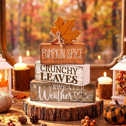 Moucuny 4 Pcs Fall Decor Wooden Maple Leaf Decoration Thanksgiving Tiered Tray Decor Rustic Wooden Maple Leaf Block Sign Thanksgiving Table Centerpiece Farmhouse for Autumn Harvest Party Kitchen Home