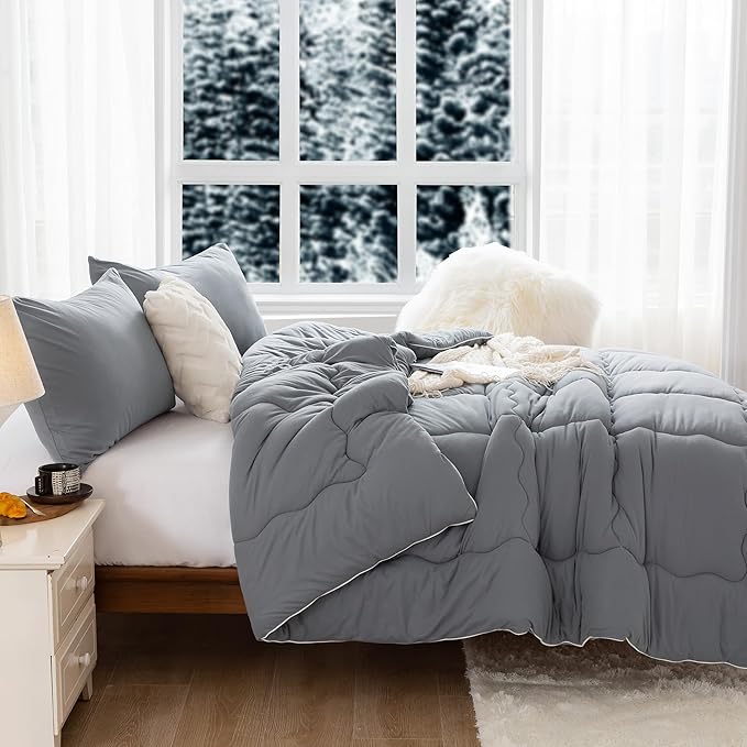 COTTEBED Ultra-Soft Warm Comforter Set Queen/Full Size Bed, Thick Milk Cup Breathable Fluffy Bedding Down Alternative & Pillowcase for Man Women Girl Winter Dark Grey