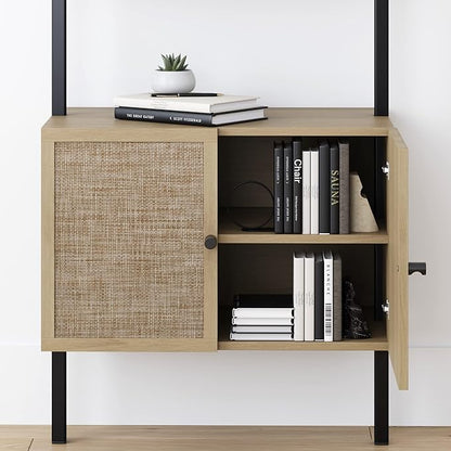 Nathan James Theo Ladder 3 tier Open Bookshelf with Rattan Drawers and Matte Steel Frame, Light Oak/Black