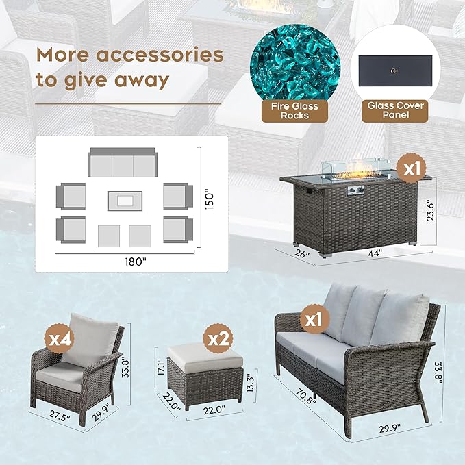 Yechen Patio Conversation Set 9 Seats with 44" Propane Gas Fire Pit Table - 8 Pcs Outdoor Wicker Furniture Set with Lid & Wind Shields - Sectional Sofa Set for Porch,Backyard