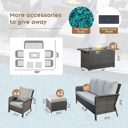 Yechen Patio Conversation Set 9 Seats with 44" Propane Gas Fire Pit Table - 8 Pcs Outdoor Wicker Furniture Set with Lid & Wind Shields - Sectional Sofa Set for Porch,Backyard