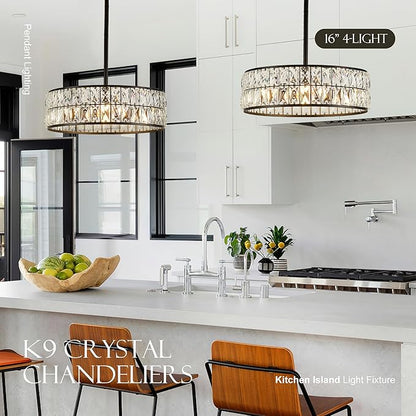 16” 4-Light Modern Crystal Chandeliers Black Dinning Room Light Fixture with Two Rods, Round Pendant Light Kitchen Island Chandelier, Flush Mount Ceiling Light for Living Room Entryway
