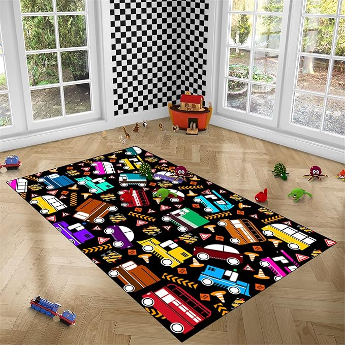 Car Rug Play Mat Kids Rugs for Playroom Car Rug for Boys Room Kids Mat Construction Play Mat Car Play Rug Car Carpet for Kids Carpet for Bedroom Truck Rugs for Boys Room,Black 2'5''×4'
