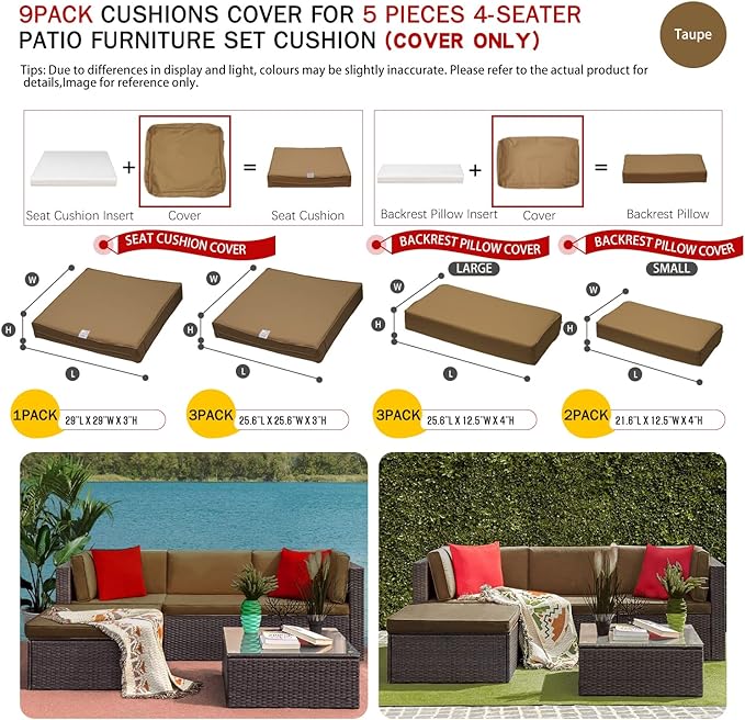ClawsCover 9Pack Outdoor Seat and Back Cushions Replacement Covers Fit for 5 Pieces 4-Seater Wicker Rattan Patio Conversation Set Sectional Couch Furniture,Taupe-Include Covers Only (Large)