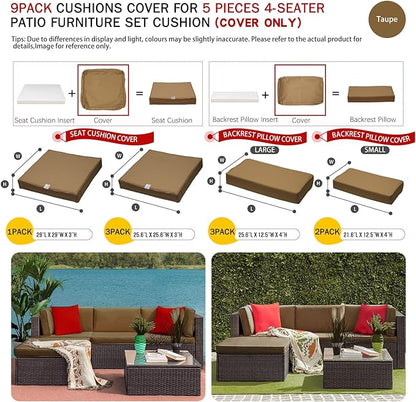 ClawsCover 9Pack Outdoor Seat and Back Cushions Replacement Covers Fit for 5 Pieces 4-Seater Wicker Rattan Patio Conversation Set Sectional Couch Furniture,Taupe-Include Covers Only (Large)