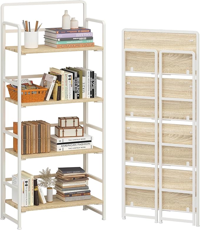 4NM No-Assembly 4 Tiers Folding Bookshelf Storage Shelves Vintage Bookcase Standing Racks Study Organizer Home Office (Natural and White)