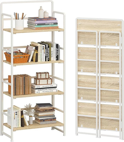 4NM No-Assembly 4 Tiers Folding Bookshelf Storage Shelves Vintage Bookcase Standing Racks Study Organizer Home Office (Natural and White)