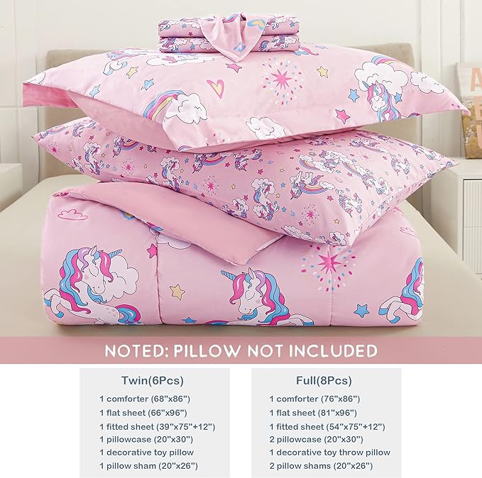Mooreeke Kids Comforter Bed Set Full Size for s Girls, 8 Pieces Bed in a Bag with Shams, Sheet Set, Pink Unicorn Full Soft Microfiber Kids Comforter Bedding Set