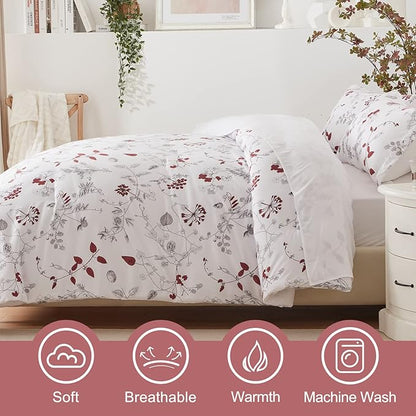 EMME Twin Comforter Set - Red Floral Bedding Set 5 PCS with Flowers Leaves Pattern, Soft Plant Printed Botanical Bed Set with Sheets, Fluffy Bed Bag for All Season(68"X90")