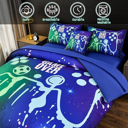 Gamer Console Blue Comforter Set with Sheets for Boys,Full Size Glitter Gaming Bedding Set for Kids,6 Pieces Colorful Graffiti Green Dark Game Controller Bed in a Bag for Teens (Green&Blue, Full)