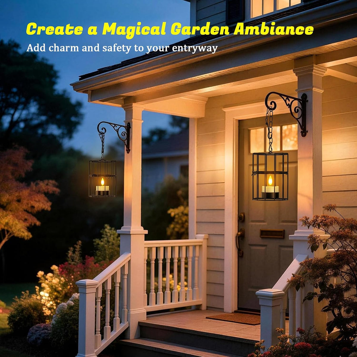 PChero Solar Hanging Lanterns Outdoor Waterproof, 4 Tea Lights, 18.1" Chain | 2 large + 2 small iron holders, flickering LED tea lights, for patio garden tree backyard, 10-12H runtime, removable chain