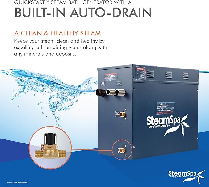 SteamSpa 10.5kW Steam Sauna Generator Executive Bundle 240V Steam Generator with Touch Pad, Steamheads, Pressure Relief Valve, Built-in Auto Drain, LED Light, Filter and Quick Install Kit EXT1050BN