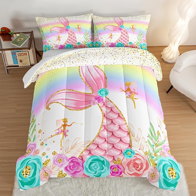 HOSIMA Mermaid Comforter with 2 Pillowcases,Girly Rainbow Bedding Set Glitter Pink Mermaid Tail Twin Comforter Set,Flower Fairies Rose Gold Comforter Set,Floral Comforter for Girls Teens Bedroom.