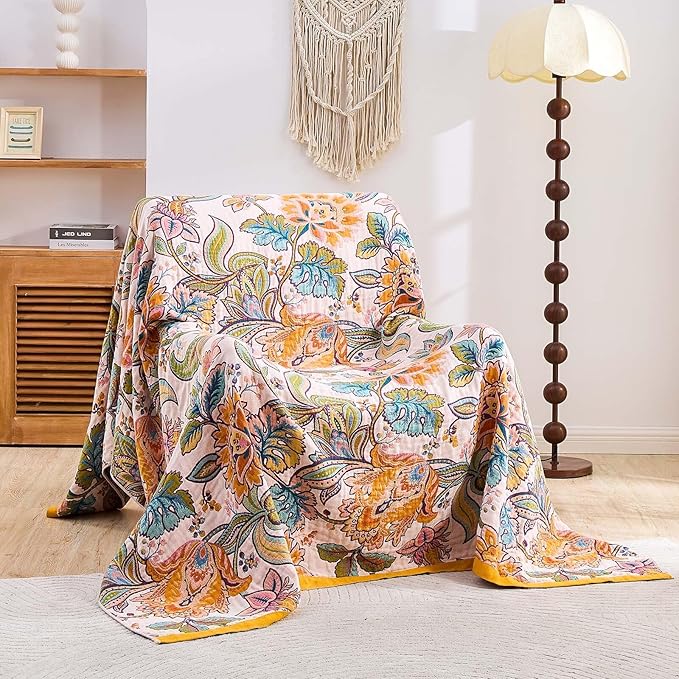 Boho Throw Blanket for Bed, 100% Cotton Soft Rustic Quilt Fall Blanket, 60"x80" Floral Printed Farmhouse Decor Bed Blankets, All Season Rustic Reversible Bohemian Throw Quilt