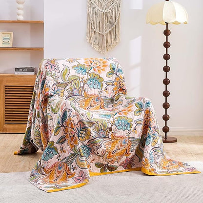 Boho Throw Blanket for Bed, 100% Cotton Soft Rustic Quilt Fall Blanket, 80"x90" Floral Printed Farmhouse Decor Bed Blankets, All Season Rustic Reversible Bohemian Throw Quilt