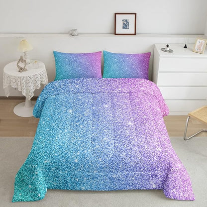 Colorful Glitter Bedding Twin Girly Turquoise Teal Blue Pink Pastel Girls Comforter Set 2 Pcs Trendy Quilt Duvet for Kid Women Down Comforter with Sparkle Sequin Pattern Bling Bedroom Decor Bed Cover